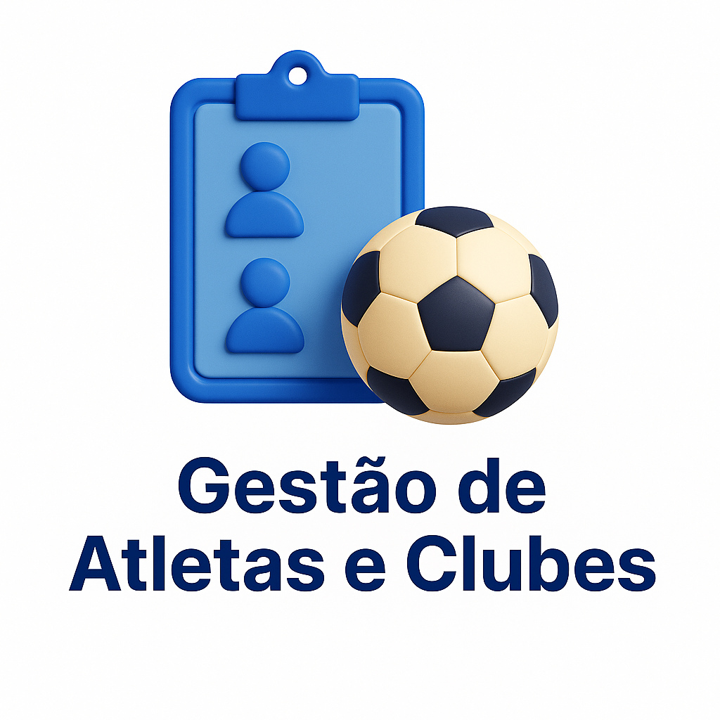 Ícone 3D azul de prancheta com bola de futebol representando Gestão de Atletas e Clubes